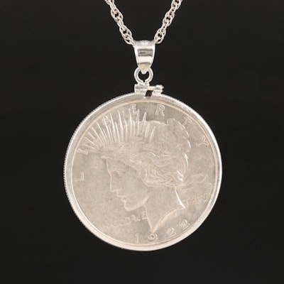 1922 Peace Silver Dollar Pendant on Rope Chain Necklace