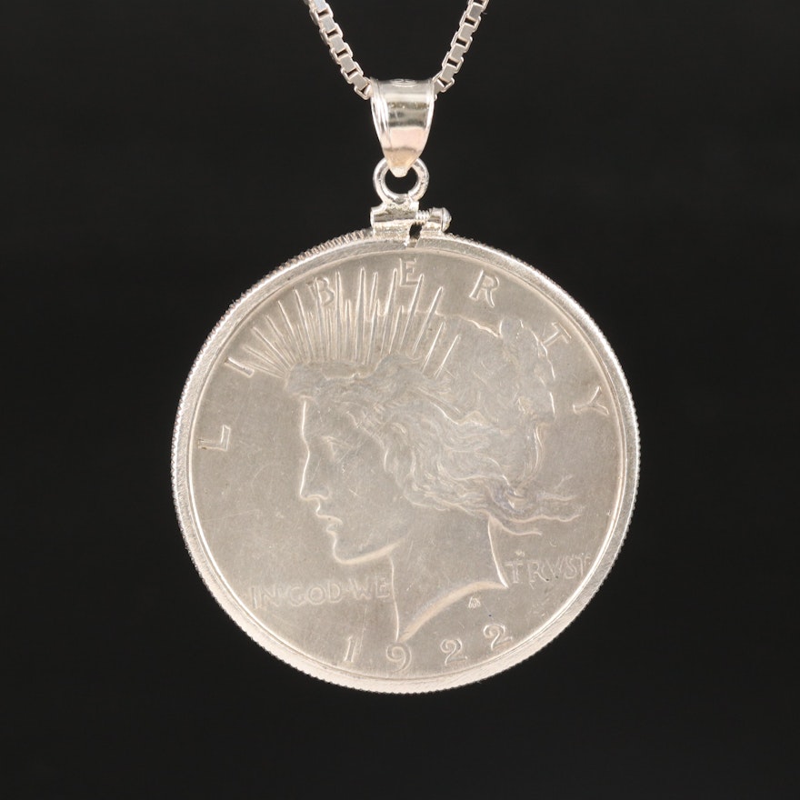 1922 Peace Silver Dollar Pendant on Box Chain Necklace