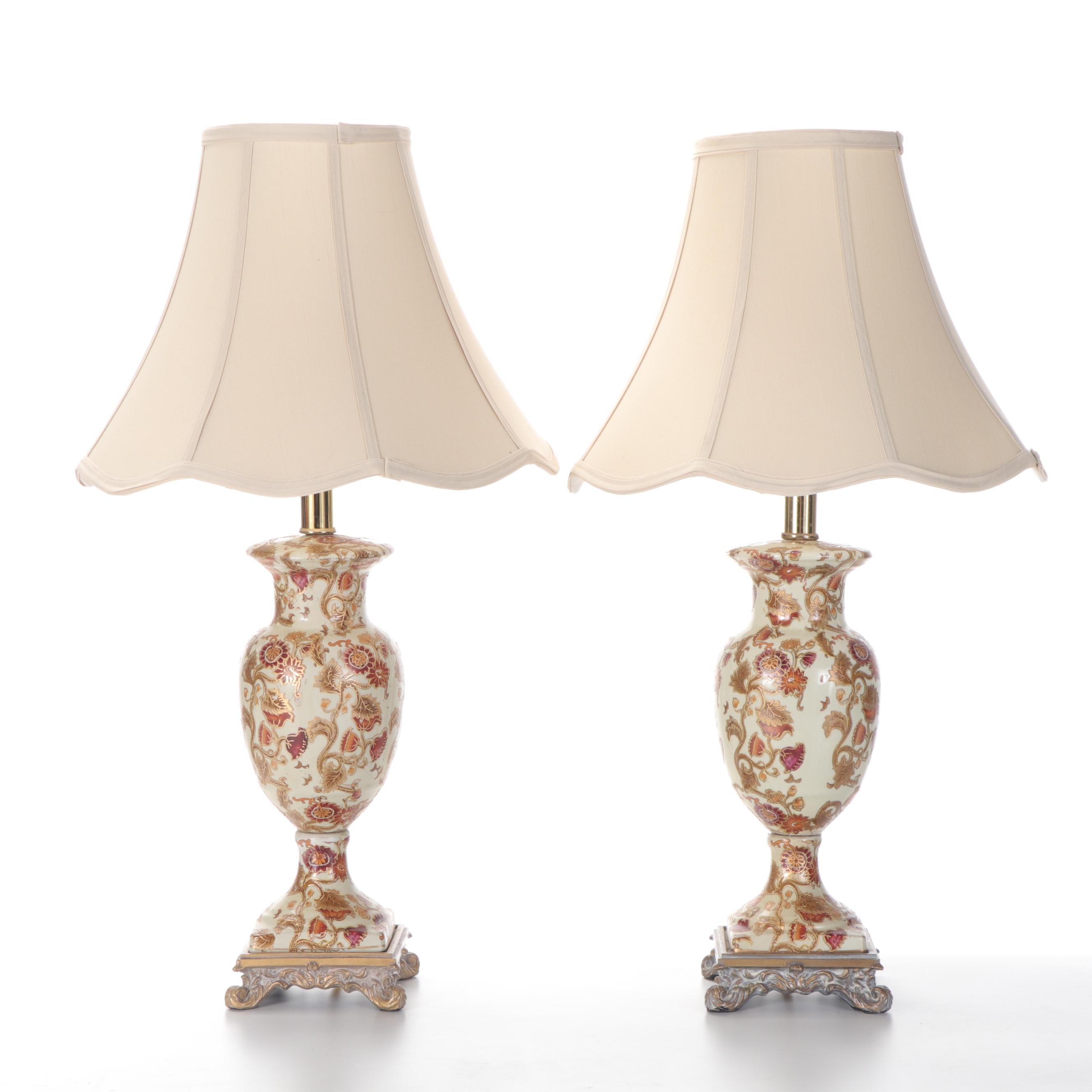 Pair Of GiltDecorated Jacobean Floral Pattern Ceramic Table Lamps EBTH