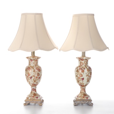 Pair Of Gilt-Decorated Jacobean Floral Pattern Ceramic Table Lamps