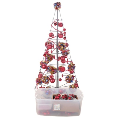 Tiered Metal Christmas Tree with Plastic Ornaments and Garland