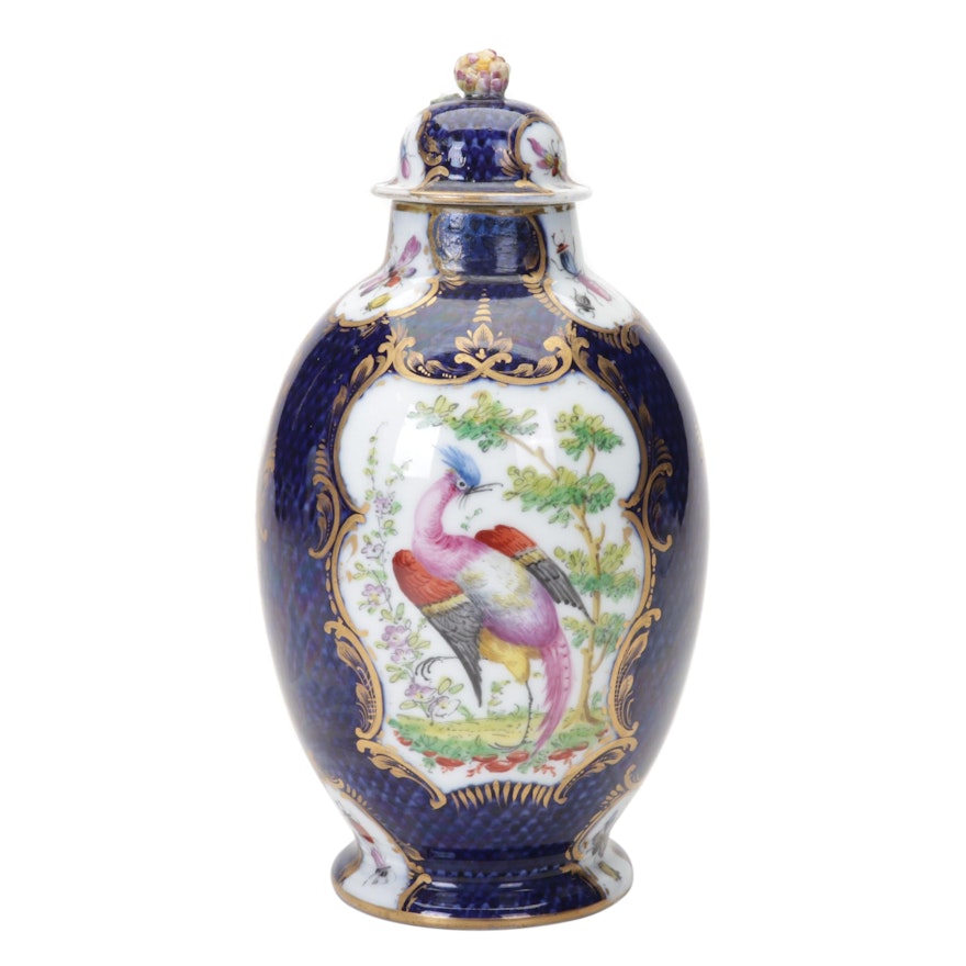 Early English Hand-Painted Cobalt "Chelsea Bird" Porcelain Tea Jar