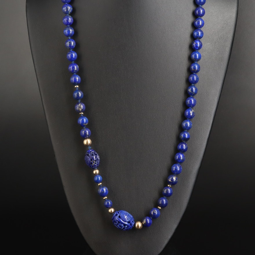 14K Lapis Lazuli Necklace with Carved Longevity Beads