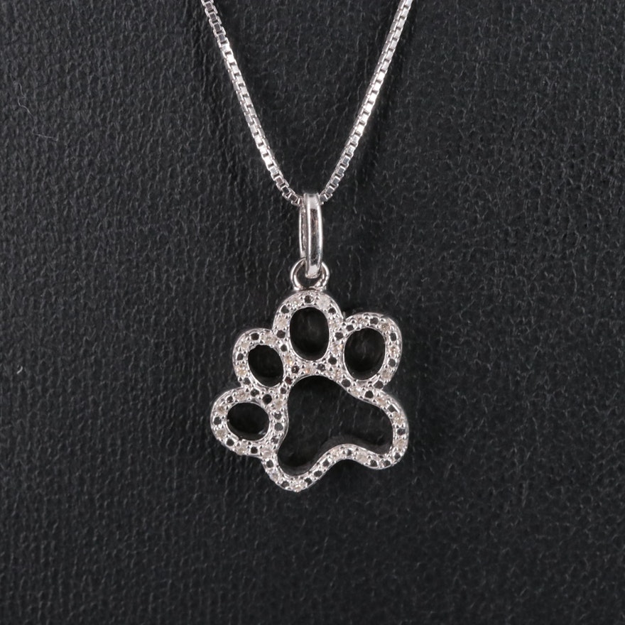 Sterling Diamond Paw Print Box Chain Necklace