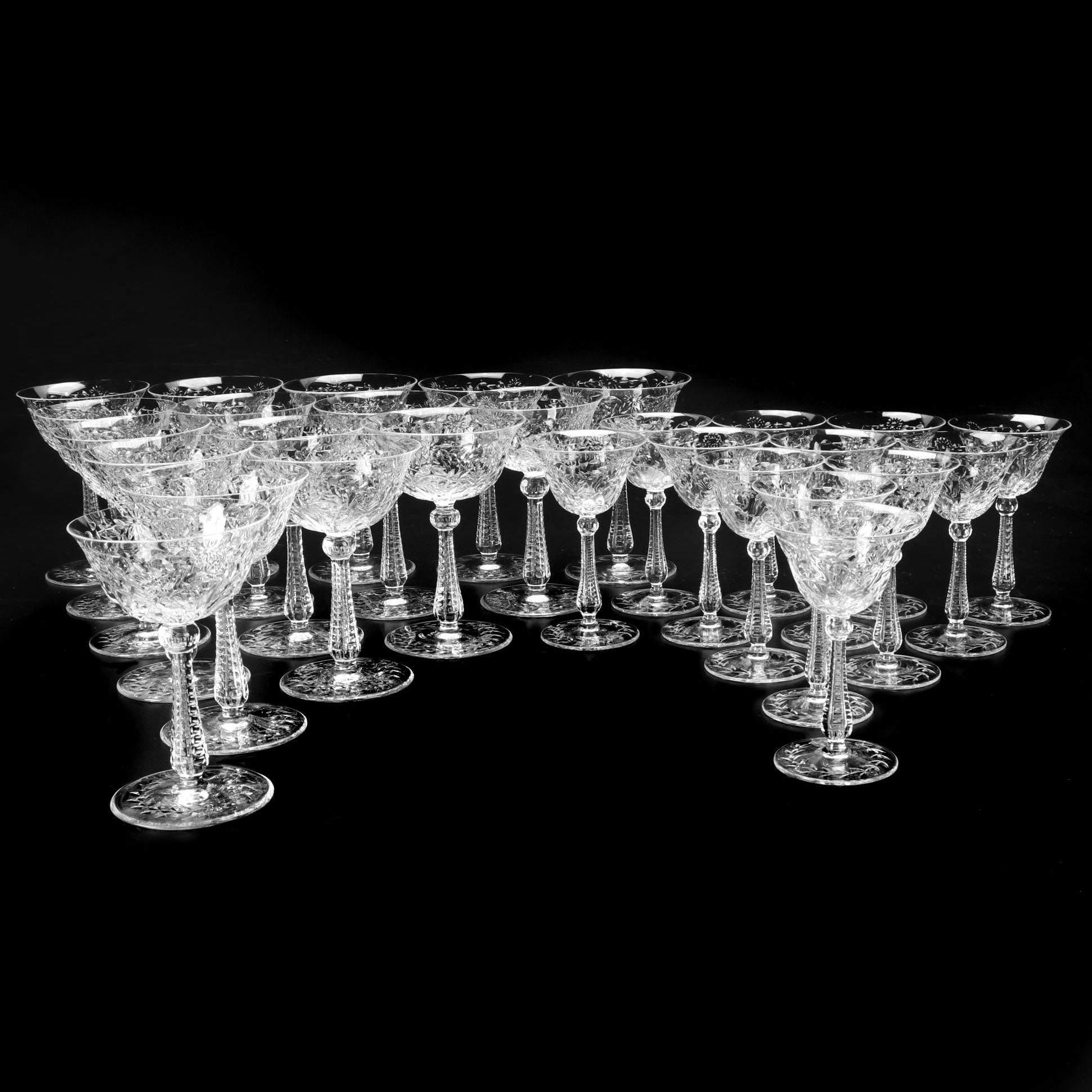 Glass Cordial and Champagne Glasses with Laurel Leaf Motif, MidLate