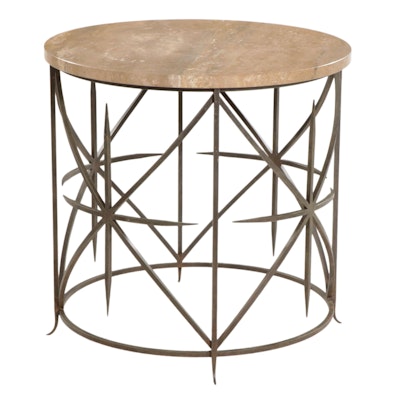Contemporary Round Marble-Top Metal Frame Side Table