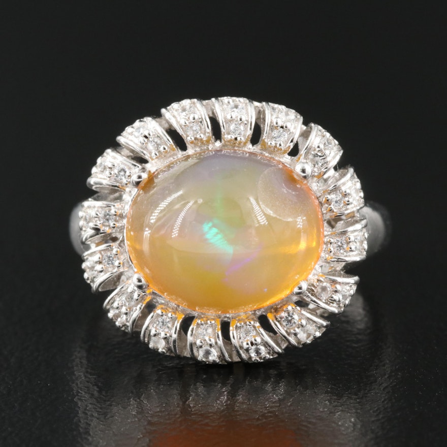 Sterling Opal and Zircon Floral Ring
