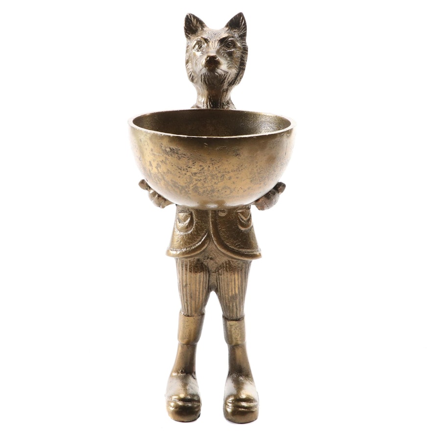 Eric & Eloise Bronzed Aluminum Standing Anthropomorphic Fox Holding Bowl