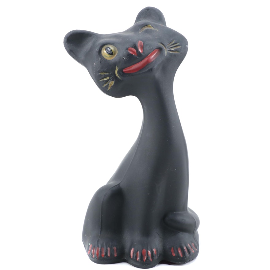 Tiffin Black Satin Glass Cat Figurine, Mid-20th Century