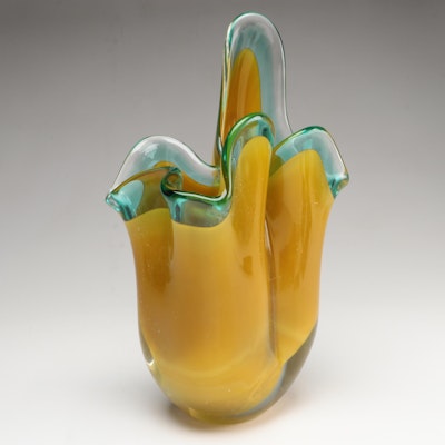 Handblown Cased and Fluted Freeform Art Glass Vase, Late 20th Century