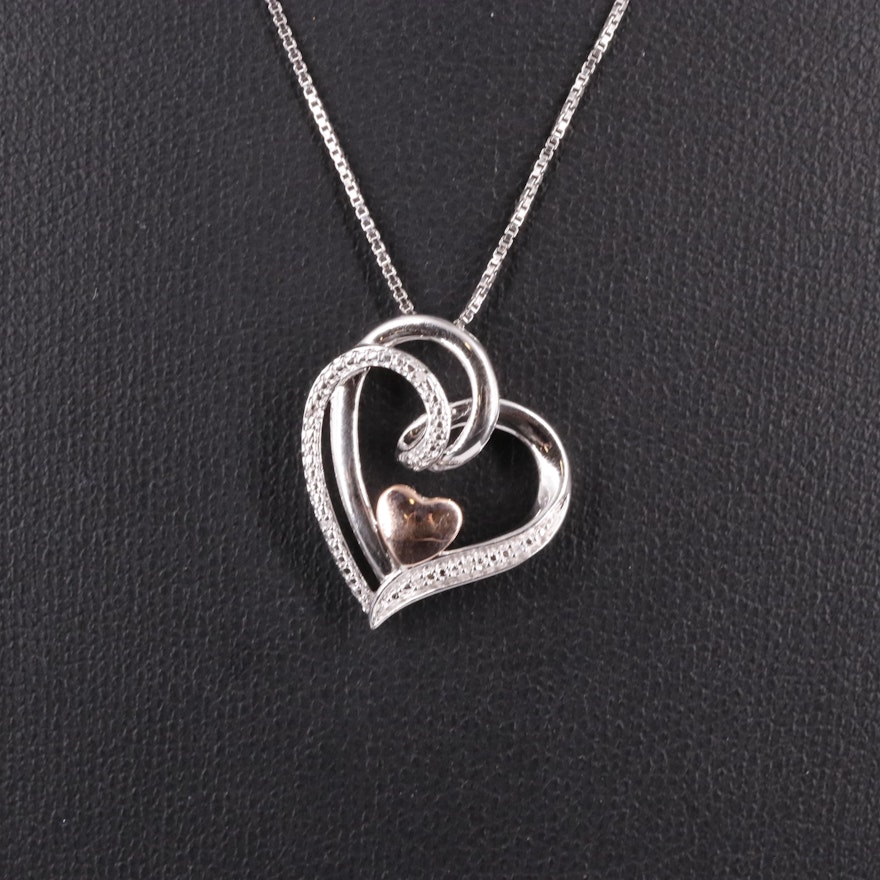 Sterling Diamond Heart Pendant Necklace with 10K Gold Accent