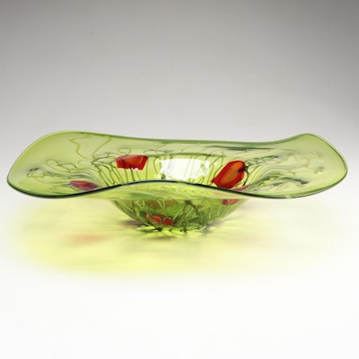 Murano Blown Green and Red Fruit and Vine Freeform Art Glass Centerpiece Bowl