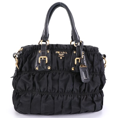 Prada Medium Two-Way Bag in Black Gaufre Nylon Gabardine and Leather