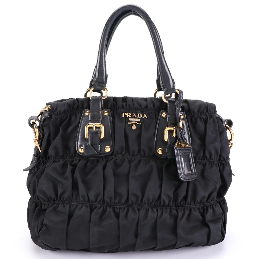 Prada Medium Two-Way Bag in Black Gaufre Nylon Gabardine and Leather