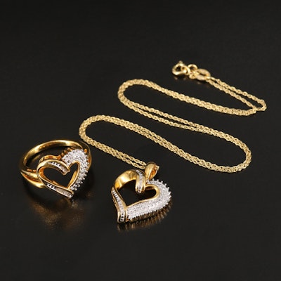 Sterling Diamond Heart Ring and Necklace Set
