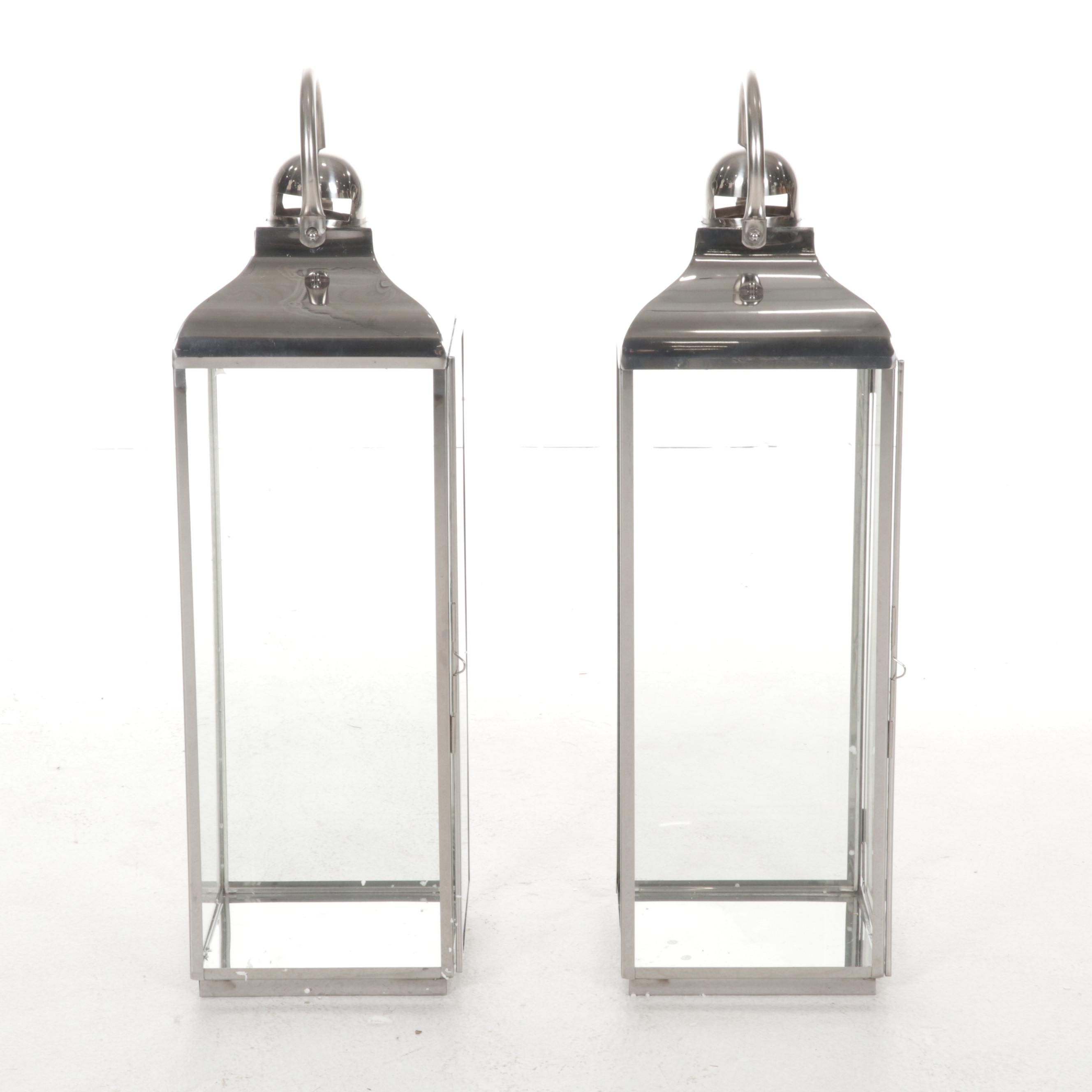 Pair of ZGallerie "Winthrop" Metal and Glass Lantern Pillar Candle