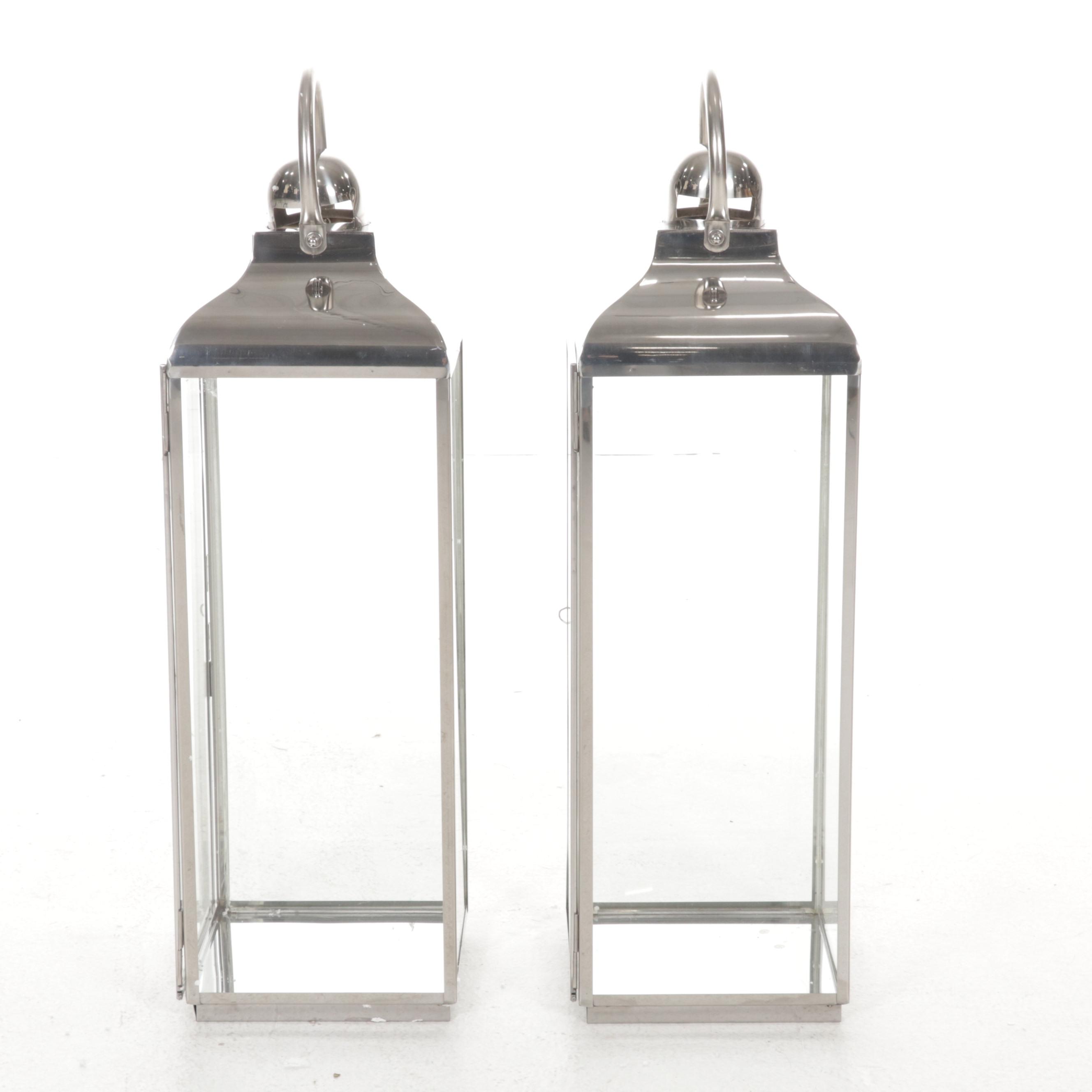 Pair of ZGallerie "Winthrop" Metal and Glass Lantern Pillar Candle