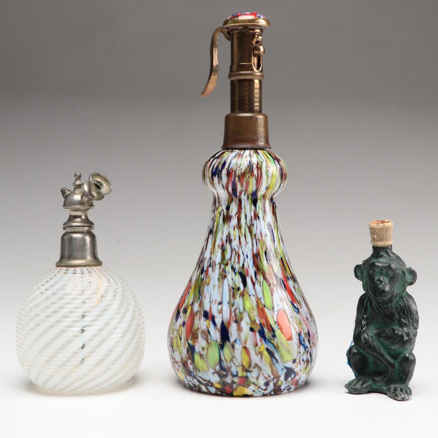 Murano Style and Other Glass with German Bronze Monkey Perfume Bottles