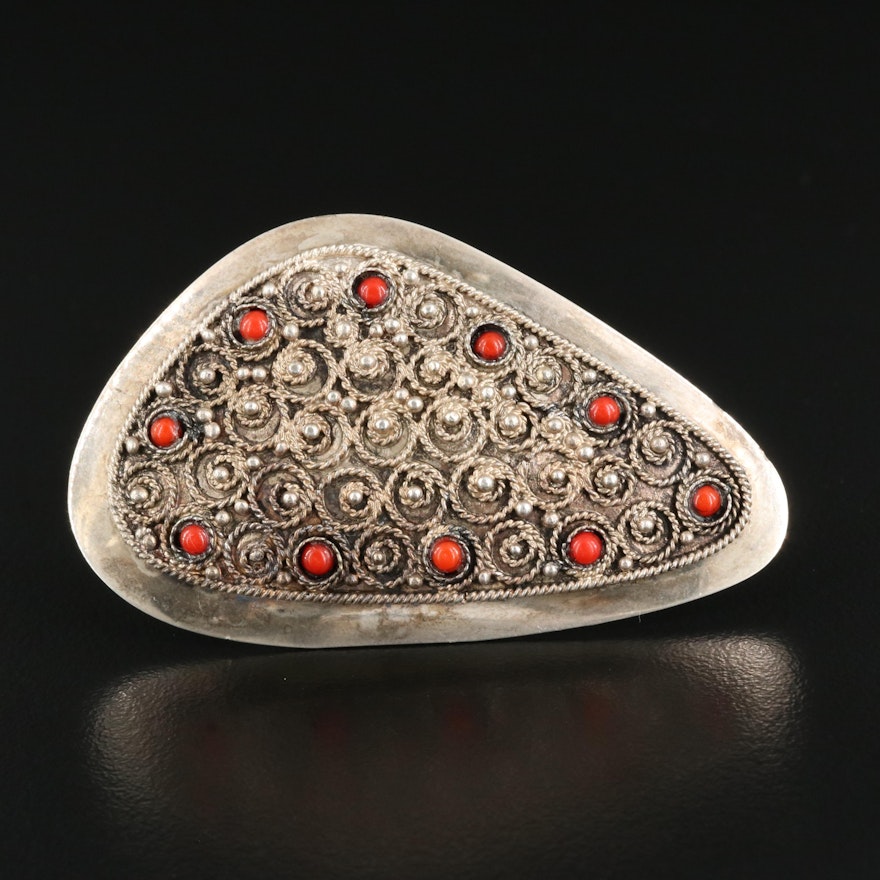 Israeli Sterling Cannetille and Glass Converter Brooch
