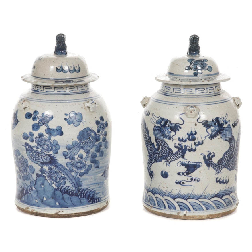 Blue and White Dragon and Pheasant With Guardian Lion Finial Chinese Ginger Jars
