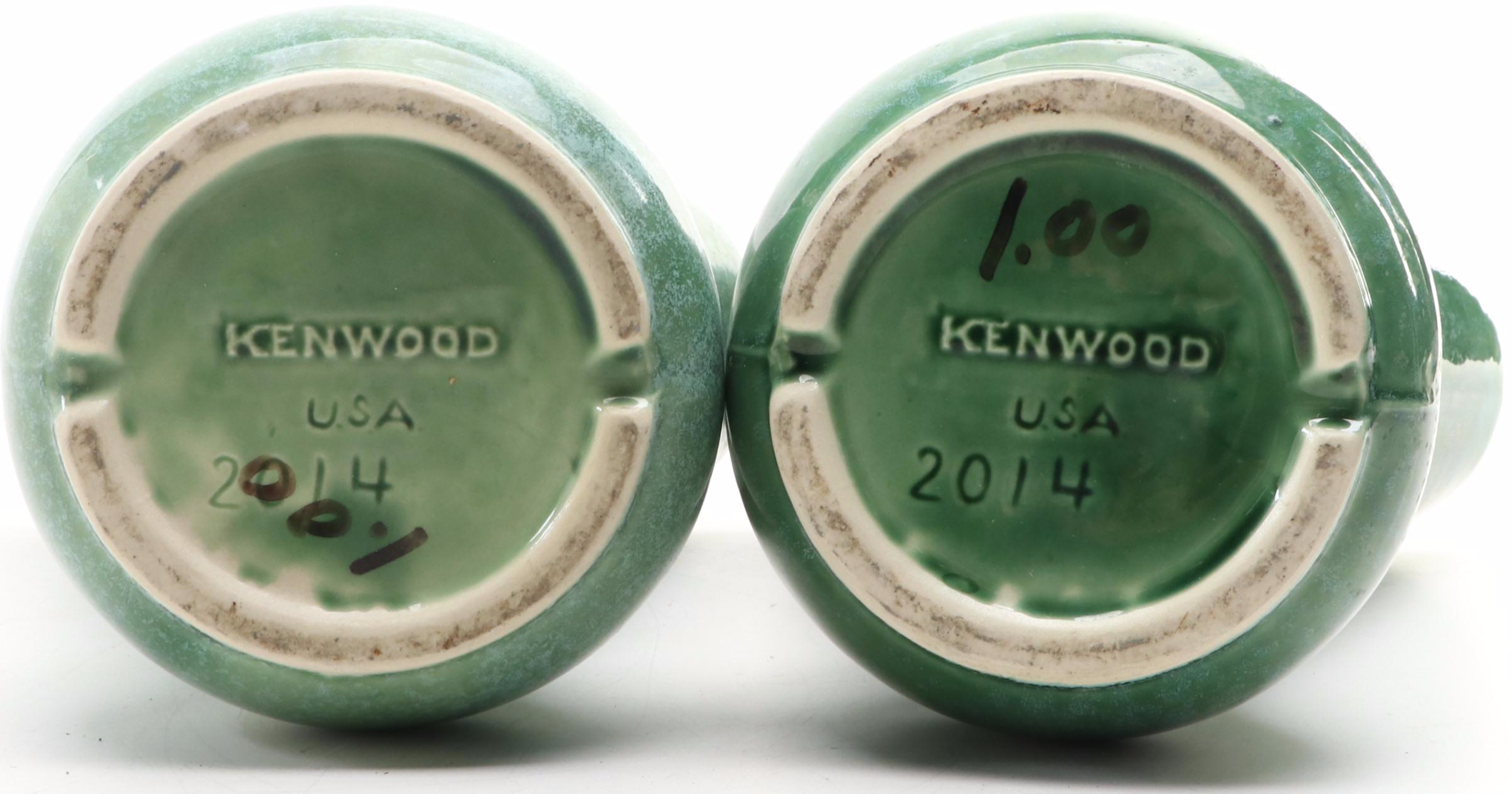 Mid Century Modern Kenwood Pottery Confetti Green Vases and Flower