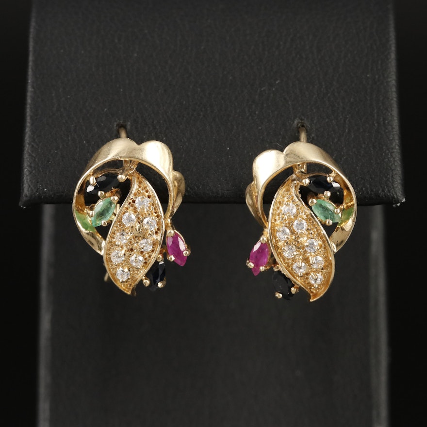 Vintage 14K Emerald, Ruby and Sapphire Earrings