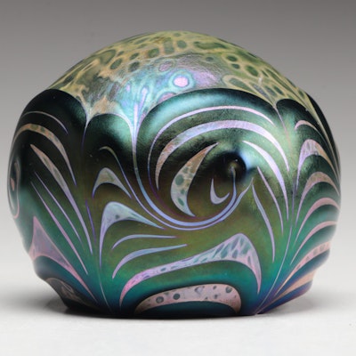 School of Visual Arts Iridescent Mottled and Pulled Feather Glass Paperweight