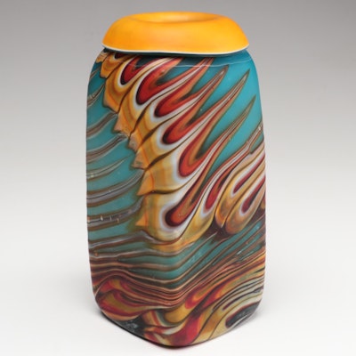 Azerbaijan Glassware Blown Multicolor with Combed Trails Satin Art Glass Vase