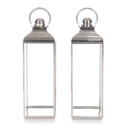 Pair of ZGallerie "Winthrop" Metal and Glass Lantern Pillar Candle Holders