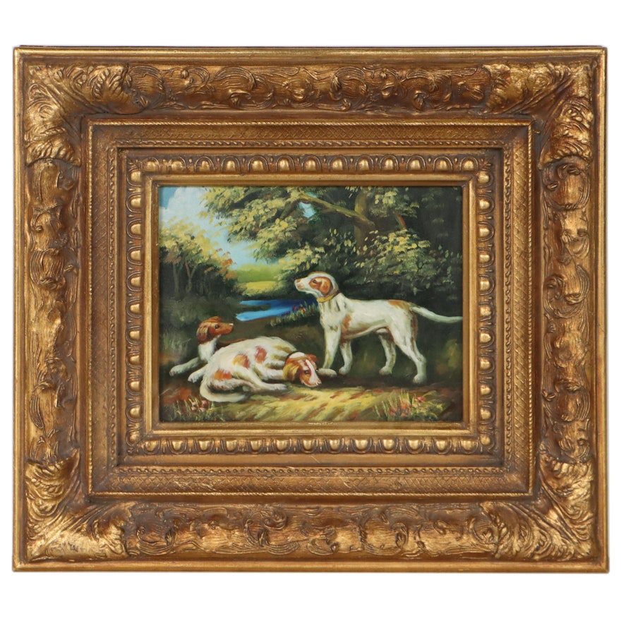 Oil Painting of Dogs in Landscape, Late 20th Century