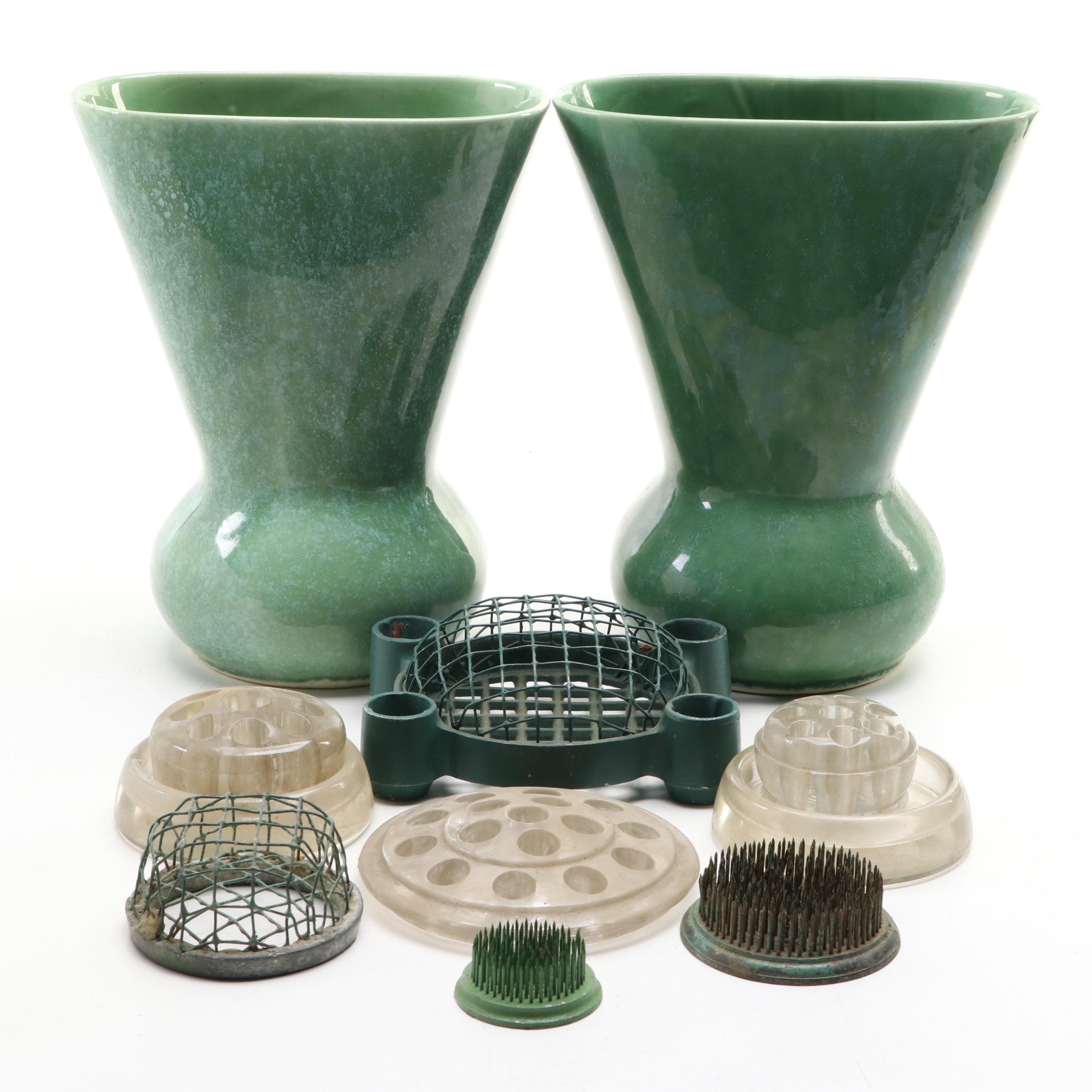 Mid Century Modern Kenwood Pottery Confetti Green Vases and Flower