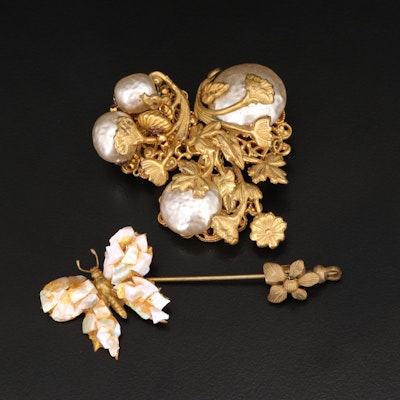 Miriam Haskell Floral Brooch and Butterfly Pin with Mother-of-Pearl