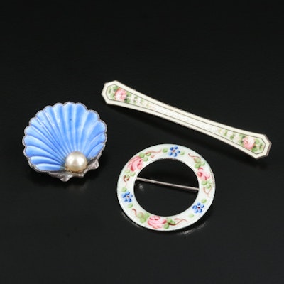 Sterling Enamel Shell and Floral Brooches