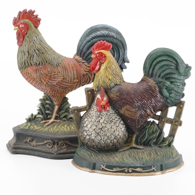 Painted Cast Iron Rooster and Rooster With Hen Doorstops, 20th Century