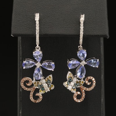 Sterling Tanzanite and Diamond Butterfly Earrings
