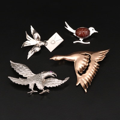 Sterling Bird Themed Brooches Including Carnelian and Sapphire