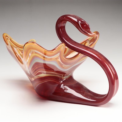 Handblown and Crafted Multicolor Art Glass Swan Cornucopia Centerpiece Bowl