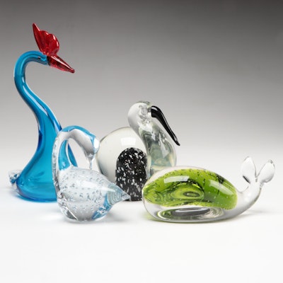 Murano and Other Blown and Crafted Art Glass Bird and Whale Figurines, 20th C.
