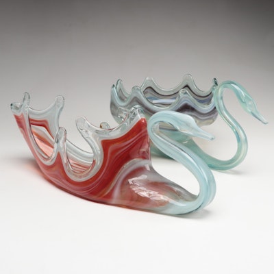 Handblown and Crafted Multicolor and Opalescent Art Glass Swan Cornucopia Bowls
