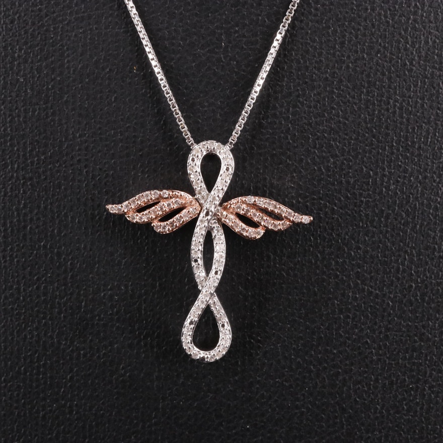 Sterling 0.21 CTW Diamond Pendant Necklace with 10K Rose Gold Wings