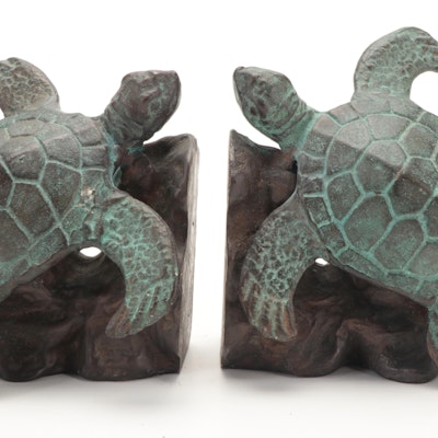 Patinated Cast Metal and Bronze Sea Turtle Bookends