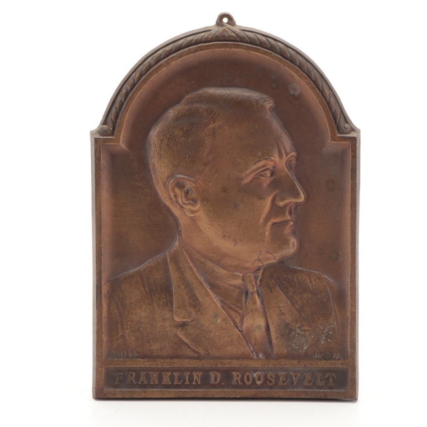 Patinated Cast Brass Wall Plaque of Franklin D. Roosevelt, 1930s