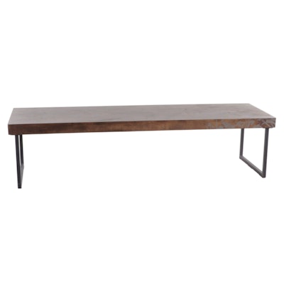 Contemporary Wood and Metal Coffee Table with Gray Painted Floral Decoration