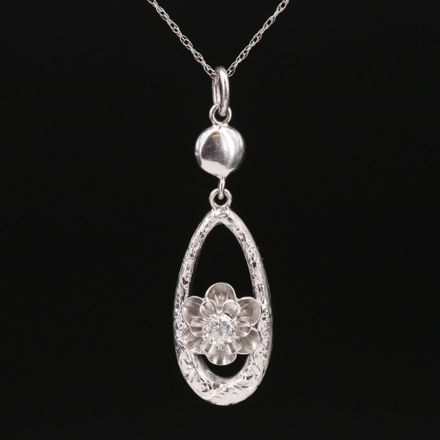 10K 0.34 CTW Diamond Floral Teardrop Pendant Necklace