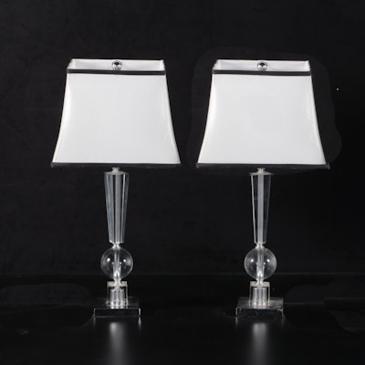 Pair of Cut Glass and Metal Table Lamps With Tailored Shades, Contemporary