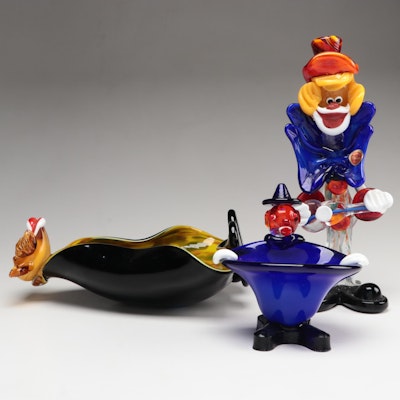 Murano Blown and Crafted Art Glass Clown Figurine and Clown Bowls, 20th C.
