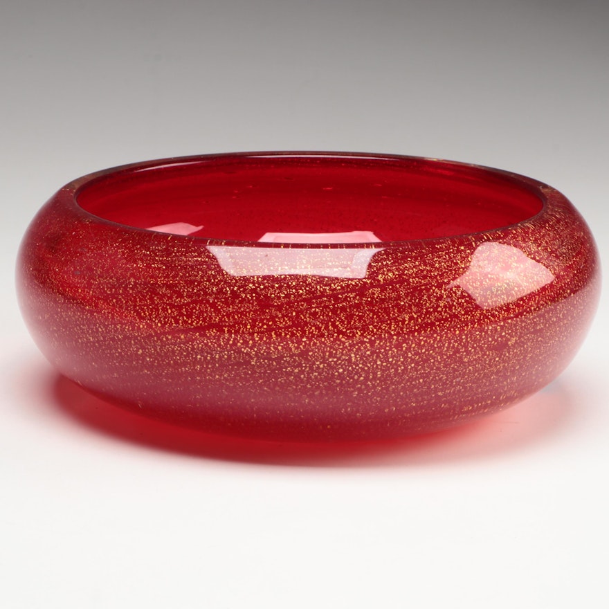 Murano Handblown Red with Gold Leaf Art Glass Bowl, Mid-20th Century