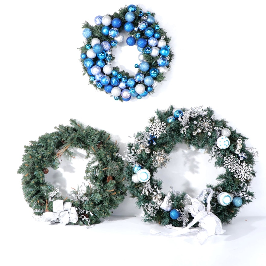 Three Artificial Pine Christmas Wreaths with Ornaments, Bows, Pine Cones, More