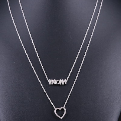 Sterling Diamond "Mom" and Heart Double Strand Necklace
