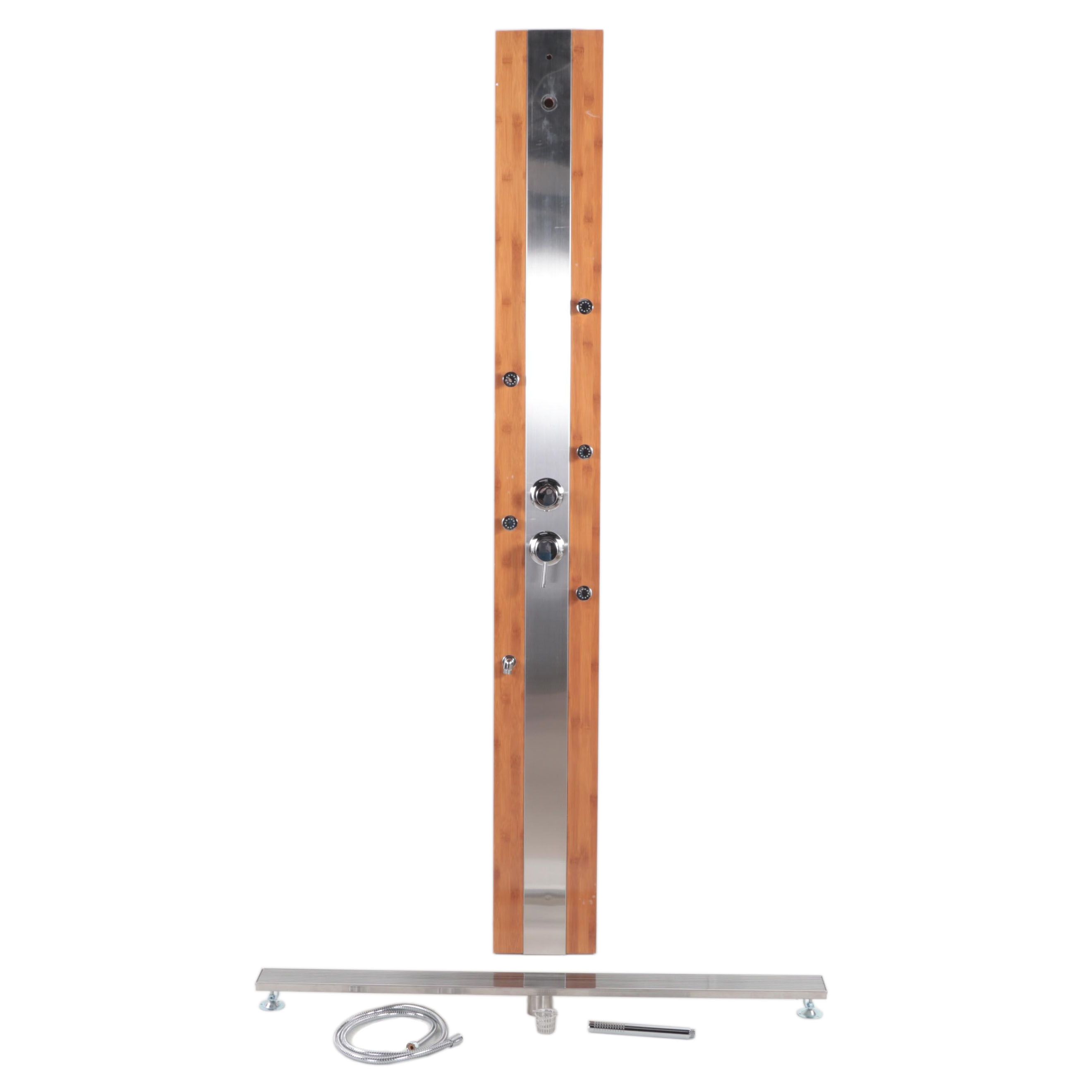 Bamboo and Stainless Outdoor Shower With Linear Shower Drain EBTH